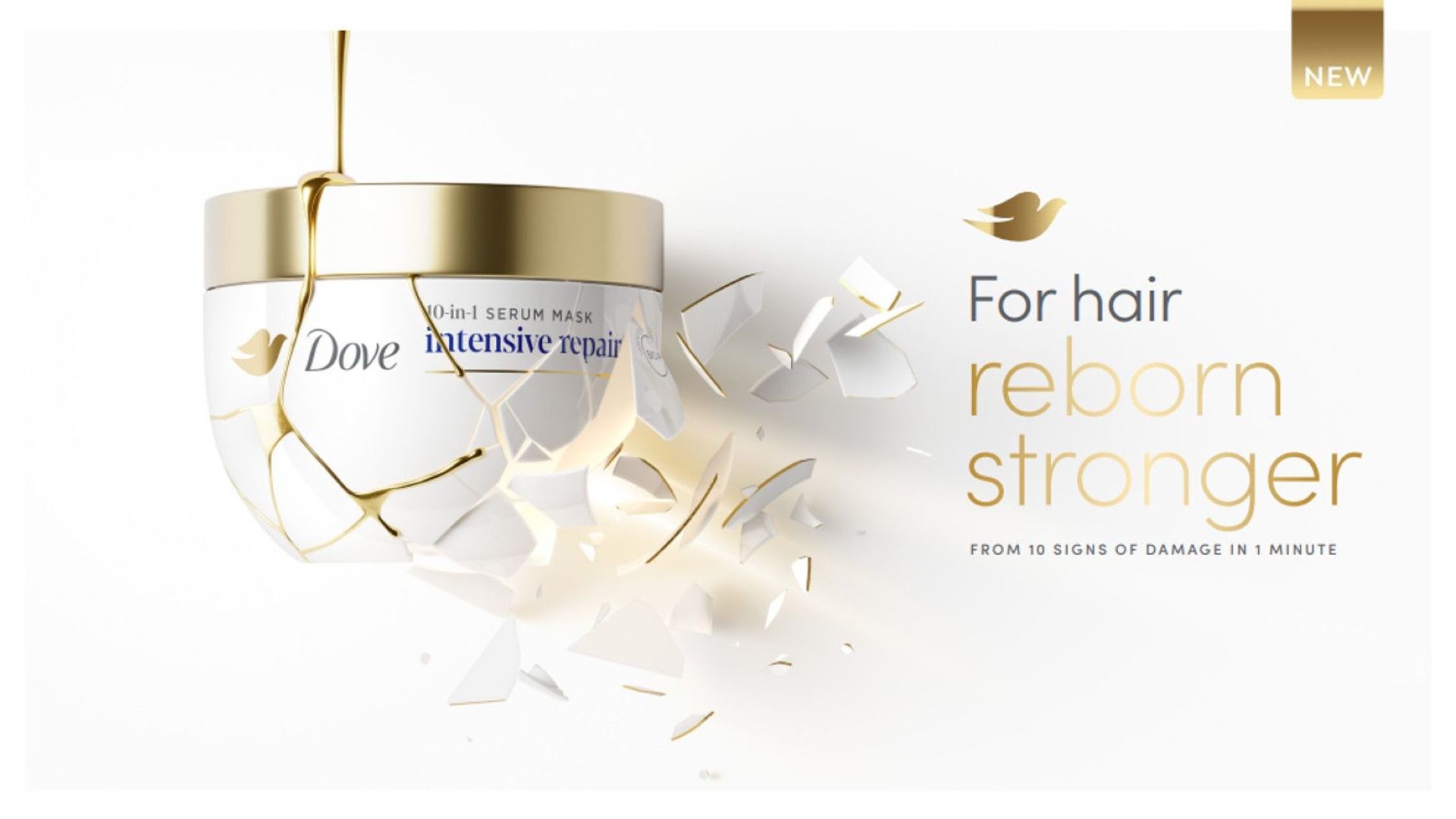 มาส์กบำรุงผม Dove Intensive Repair หนึ่งกระปุก ข้อความเขียนว่า ‘ฟื้นฟูเส้นผมให้แข็งแรงขึ้นจาก 10 สัญญาณความเสียหายภายใน 1 นาที’