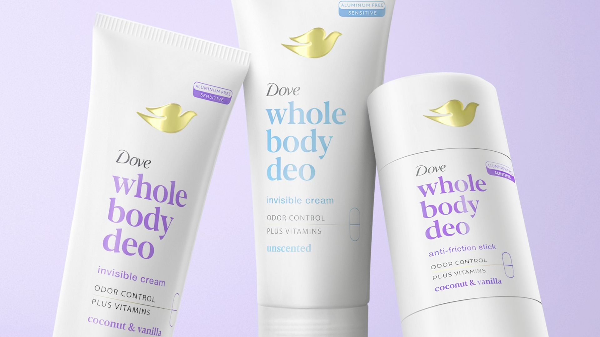 ภาพผลิตภัณฑ์ระงับกลิ่นทั่วร่างกายของ Dove 3 แบบ ได้แก่ แบบครีม แบบแท่ง และแบบสเปรย์ บรรจุภัณฑ์เป็นสีขาวและมีตัวอักษรสีพาสเทล