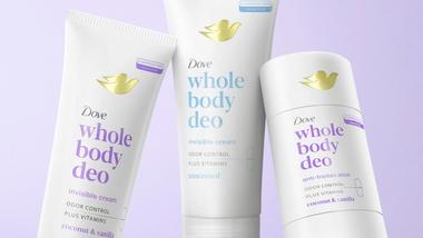 ภาพผลิตภัณฑ์ระงับกลิ่นทั่วร่างกายของ Dove 3 แบบ ได้แก่ แบบครีม แบบแท่ง และแบบสเปรย์ บรรจุภัณฑ์เป็นสีขาวและมีตัวอักษรสีพาสเทล