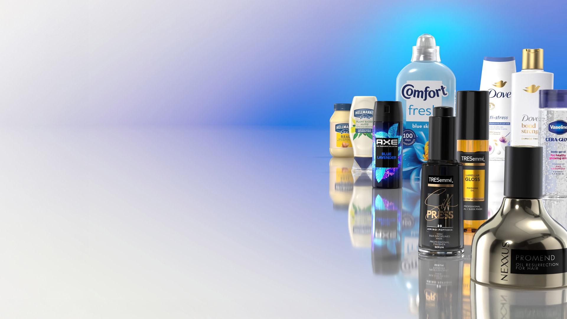 ผลิตภัณฑ์ที่หลากหลายของยูนิลีเวอร์ ได้แก่ มายองเนส Hellmann's, น้ำยาปรับผ้านุ่ม Comfort, เจลอาบน้ำ Dove และแชมพู TREsemmé
