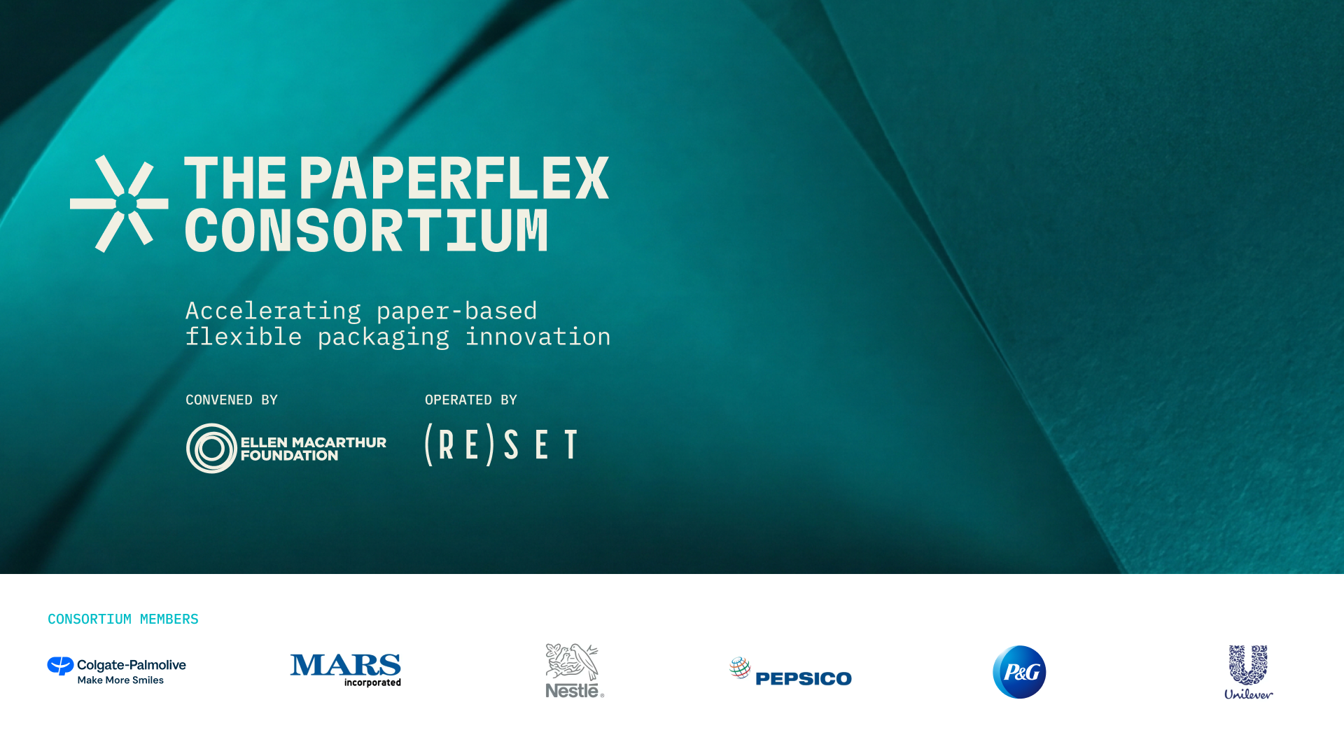 สื่อประชาสัมพันธ์ของกลุ่มความร่วมมือ PaperFlex Consortium ที่แสดงโลโก้ของ Colgate-Palmolive, Mars, Nestlé, PepsiCo, Procter & Gamble และ Unilever