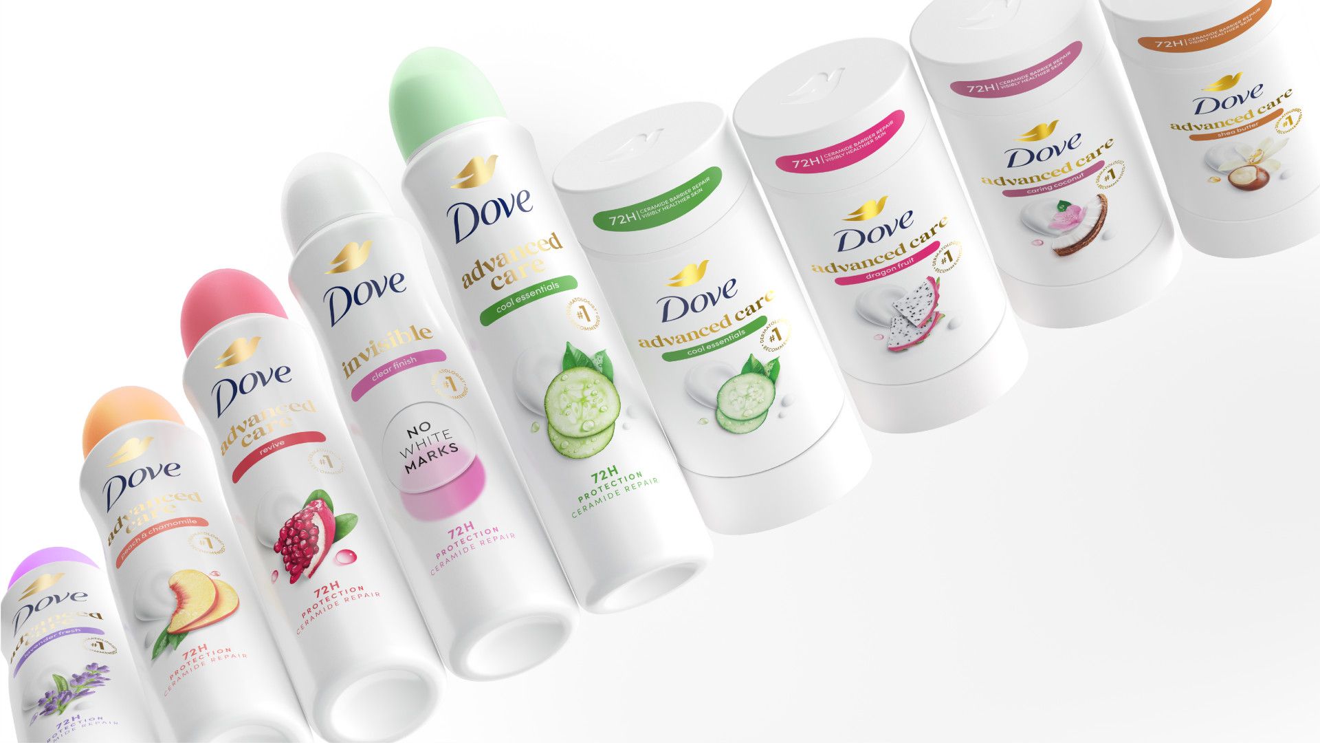 ผลิตภัณฑ์ระงับกลิ่นกาย Dove แบบสเปรย์และสติ๊ก หลากสีฝา ชมพู เขียวอ่อน ม่วง และส้ม