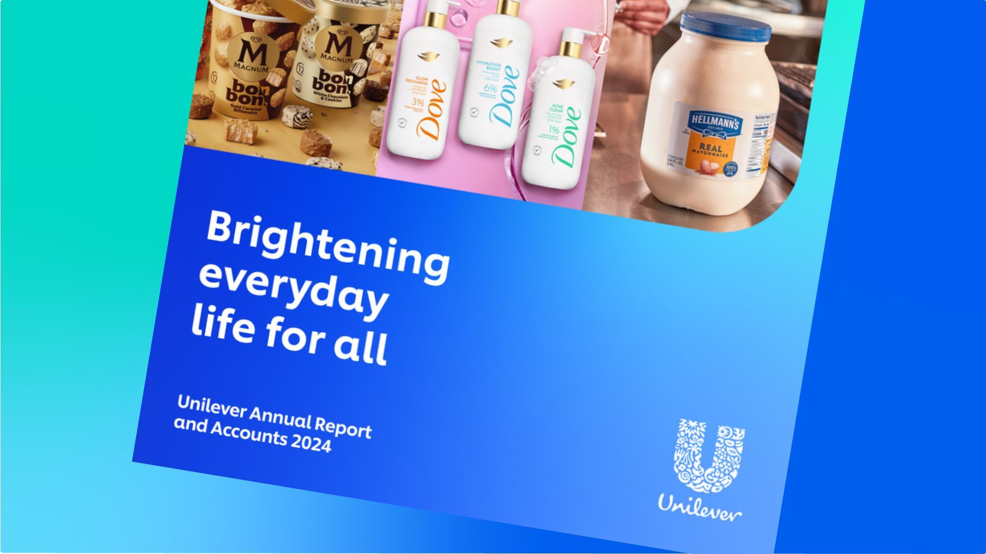 ปกรายงานประจำปี 2024 และบัญชีของ Unilever ที่แสดงภาพแบรนด์ของ Magnum, Dove และ Hellmann